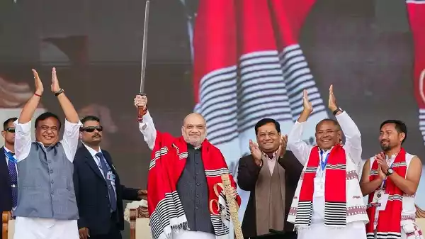 Amit Shah addressing the 10th Mising Youth Festival in Dhemaji Assam alongside Himanta Biswa Sarma