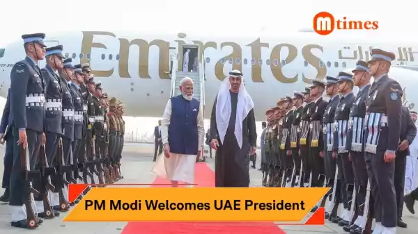 PM Narendra Modi greeting UAE President Sheikh Mohamed bin Zayed at Delhi airport