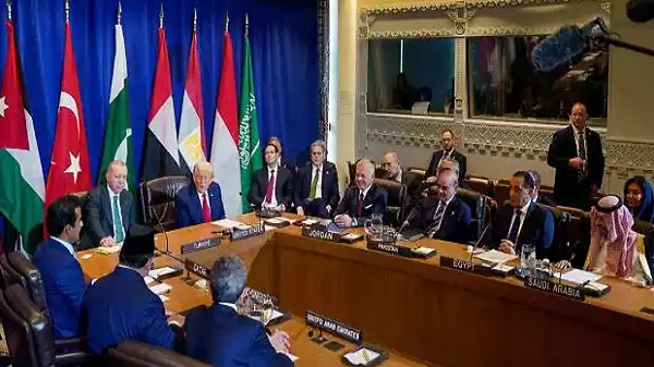 World leaders discussing Gaza peace initiative at international forum