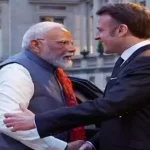 French President Emmanuel Macron with Prime Minister Narendra Modi during bilateral talks