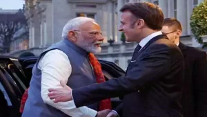 French President Emmanuel Macron with Prime Minister Narendra Modi during bilateral talks