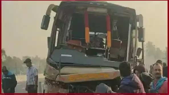 Pilgrimage bus hanging from bridge after accident on NH-16 in Balasore district