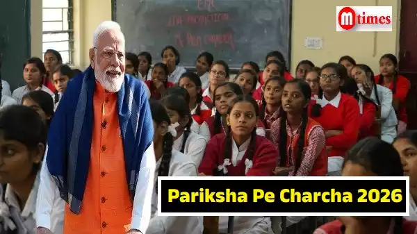 Prime Minister Narendra Modi interacting with students during Pariksha Pe Charcha 2026 to promote stress-free exams