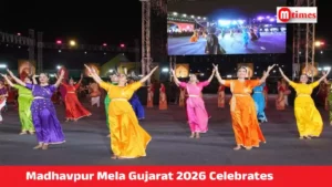 Cultural performances and crowd at Madhavpur Mela in Porbandar Gujarat