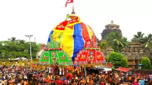 Lingaraj Temple Rukuna Rath Yatra chariot with devotees pulling during Ashokastami festival in Bhubaneswar