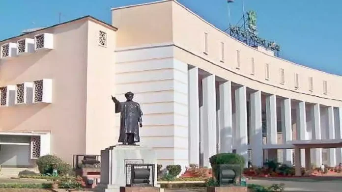 Odisha Legislative Assembly building during a session discussing law and order issues