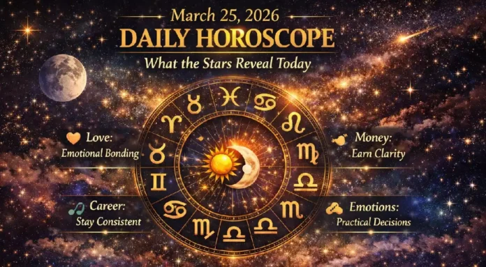 Zodiac signs horoscope wheel with planetary alignment March 25 2026