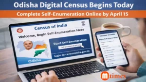 Citizen using mobile or laptop to fill digital census self enumeration form in Odisha