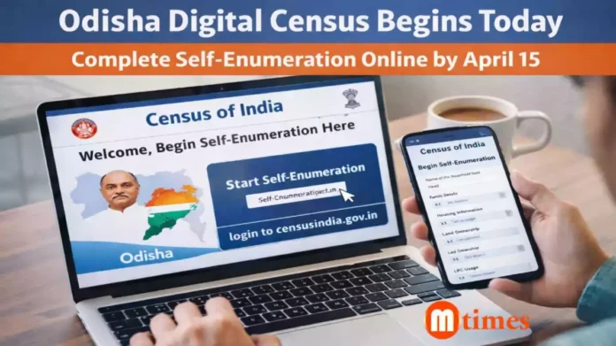 Citizen using mobile or laptop to fill digital census self enumeration form in Odisha