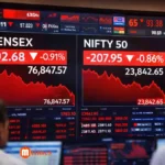 Stock market screen showing red decline in Sensex and Nifty with falling charts