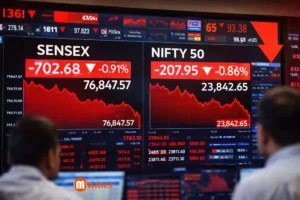 Stock market screen showing red decline in Sensex and Nifty with falling charts