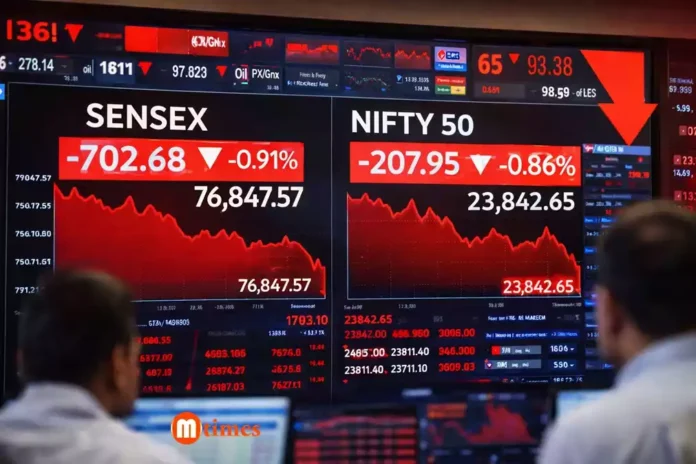 Stock market screen showing red decline in Sensex and Nifty with falling charts Stock market screen showing red decline in Sensex and Nifty with falling charts