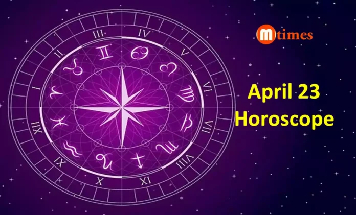 Zodiac wheel showing daily horoscope predictions for April 23