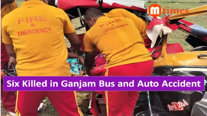 Damaged auto-rickshaw after deadly collision with bus in Ganjam district