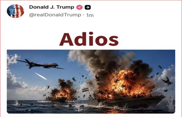 Donald Trump social media post showing explosions near Iranian-flagged boats