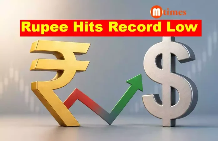 Indian rupee notes with falling currency graph against the US dollar