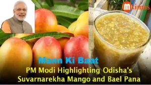 Prime Minister Narendra Modi speaking during Mann Ki Baat while highlighting Odisha's Suvarnarekha mango and Bael Pana