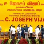 Vijay taking oath as Tamil Nadu Chief Minister at Jawaharlal Nehru Stadium in Chennai
