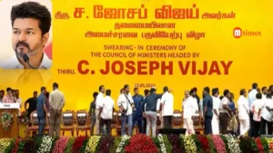 Vijay taking oath as Tamil Nadu Chief Minister at Jawaharlal Nehru Stadium in Chennai
