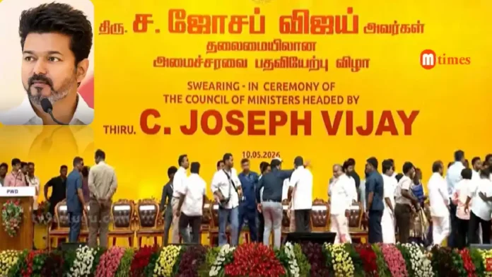 Vijay taking oath as Tamil Nadu Chief Minister at Jawaharlal Nehru Stadium in Chennai