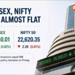 BSE Sensex and NSE Nifty displayed on a stock market screen as investors await the RBI policy announcement.