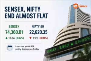BSE Sensex and NSE Nifty displayed on a stock market screen as investors await the RBI policy announcement.