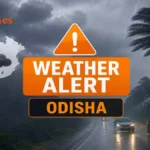 Dark monsoon clouds and rainfall over Odisha amid IMD's Orange Warning for thunderstorms and heavy rain.