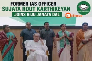 Former IAS officer Sujata Rout Karthikeyan joining the Biju Janata Dal in the presence of Naveen Patnaik at Sankha Bhawan