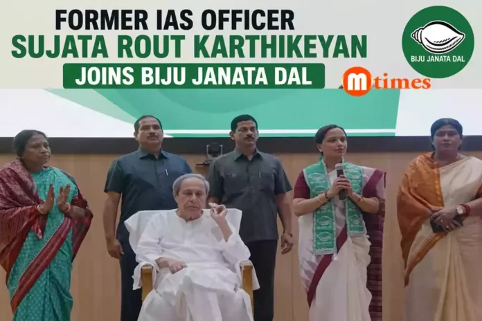 Former IAS officer Sujata Rout Karthikeyan joining the Biju Janata Dal in the presence of Naveen Patnaik at Sankha Bhawan
