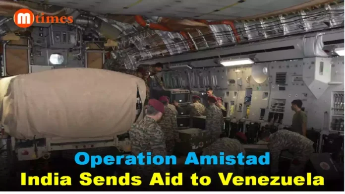 Indian Air Force C-17 aircraft carrying relief supplies and medical teams for earthquake-hit Venezuela under Operation Amistad