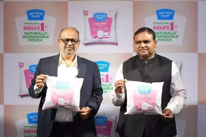 Mother Dairy milk pouch showcasing India's first naturally degradable packaging technology Mother Dairy milk pouch showcasing India's first naturally degradable packaging technology