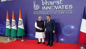 Narendra Modi and Emmanuel Macron at the inauguration of Bharat Innovates 2026 in Nice, France.