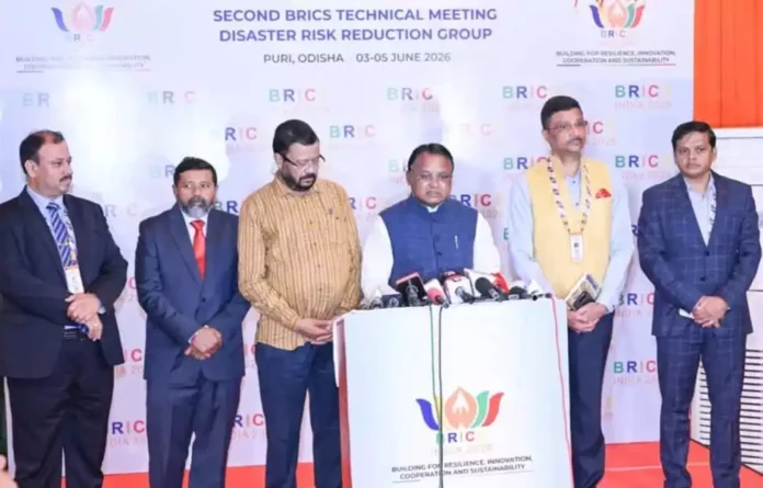 Odisha Chief Minister Mohan Charan Majhi addressing delegates at the BRICS Disaster Risk Reduction Working Group meeting in Puri.