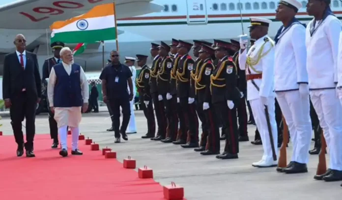 Prime Minister Narendra Modi receives a ceremonial welcome after arriving in Seychelles for a three-day official visit focused on maritime cooperation and bilateral relations.