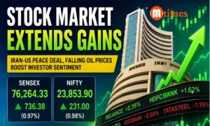 Rising stock market chart showing gains in Sensex and Nifty amid improving investor sentiment.