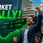Stock market investors celebrating gains as Sensex surges during a five-day rally driven by easing geopolitical tensions
