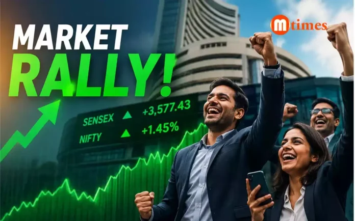 Stock market investors celebrating gains as Sensex surges during a five-day rally driven by easing geopolitical tensions