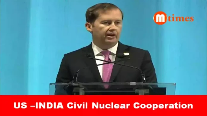 US Ambassador Sergio Gor speaking at a business event on India-US civil nuclear cooperation and energy partnerships.