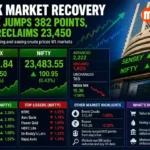 raders monitor stock market movements as Sensex and Nifty recover sharply after early losses.