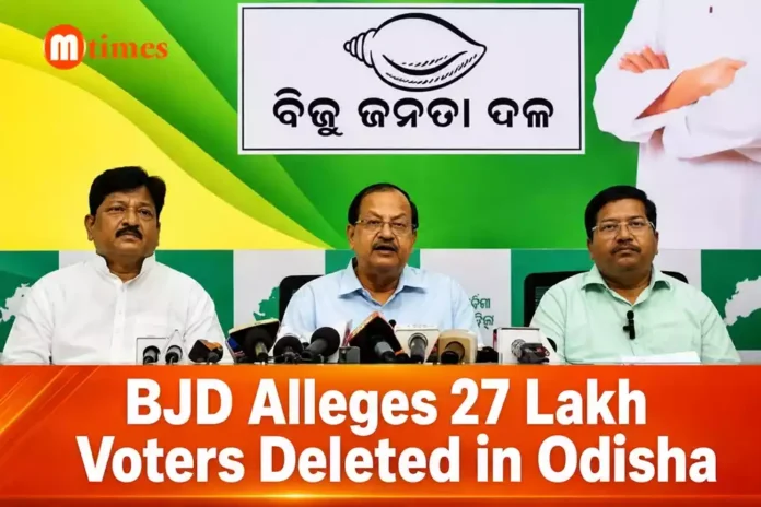 BJD leaders addressing a press conference over alleged voter deletions during Odisha's electoral roll revision.