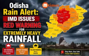Dark rain clouds over Odisha as the IMD issues Red, Orange and Yellow rainfall warnings across several districts.