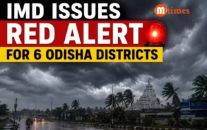 Dark rain clouds over Odisha as the IMD issues a red warning for extremely heavy rainfall across several districts.