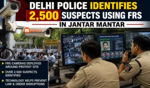 Delhi Police personnel monitor Facial Recognition System cameras deployed around the Jantar Mantar protest site.