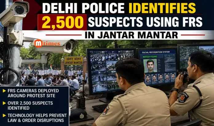 Delhi Police personnel monitor Facial Recognition System cameras deployed around the Jantar Mantar protest site Delhi Police personnel monitor Facial Recognition System cameras deployed around the Jantar Mantar protest site.