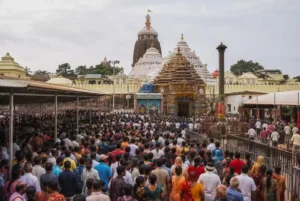 Devotees waiting outside Shree Jagannath Temple in Puri for Nabajoubana Darshan before Rath Yatra.