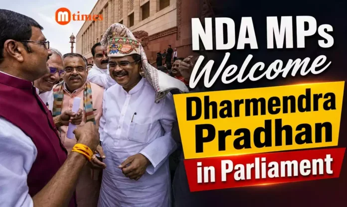 Dharmendra Pradhan being welcomed by NDA MPs at Parliament following his resignation as Union Education Minister.