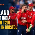 England players celebrating after defeating India to secure the T20I series in Bristol.