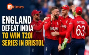England players celebrating after defeating India to secure the T20I series in Bristol.