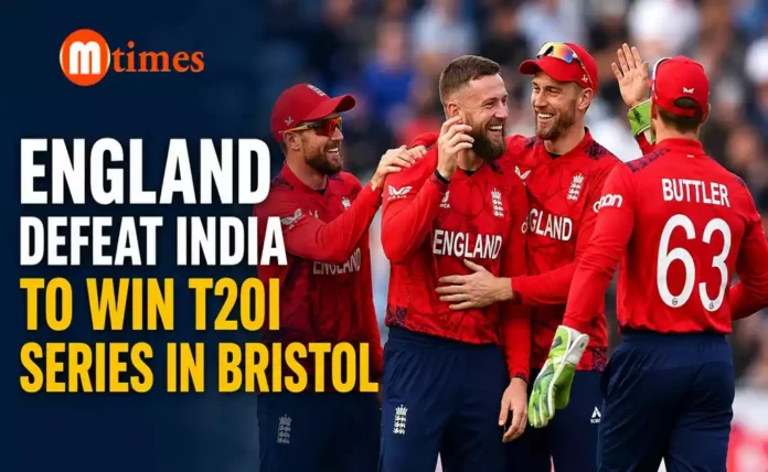 England players celebrating after defeating India to secure the T20I series in Bristol.