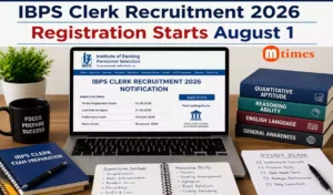 IBPS Clerk Recruitment 2026 notification displayed on a laptop with banking exam preparation materials.